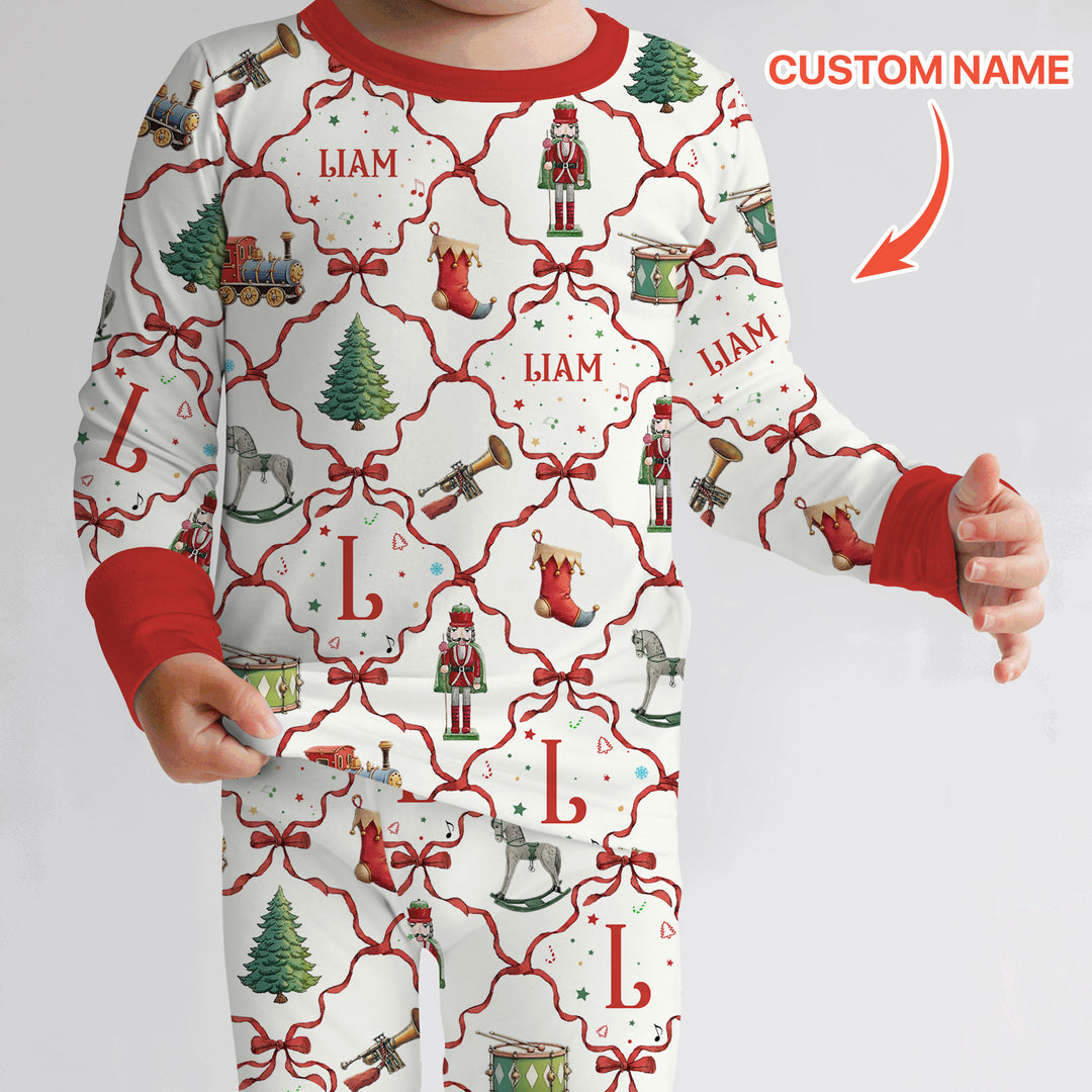 Vintage Christmas Toy Custom Name Boy Two Piece Long Sleeve Pajama Set