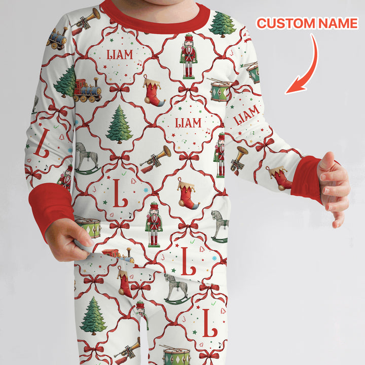 Vintage Christmas Toy Custom Name Boy Two Piece Long Sleeve Pajama Set