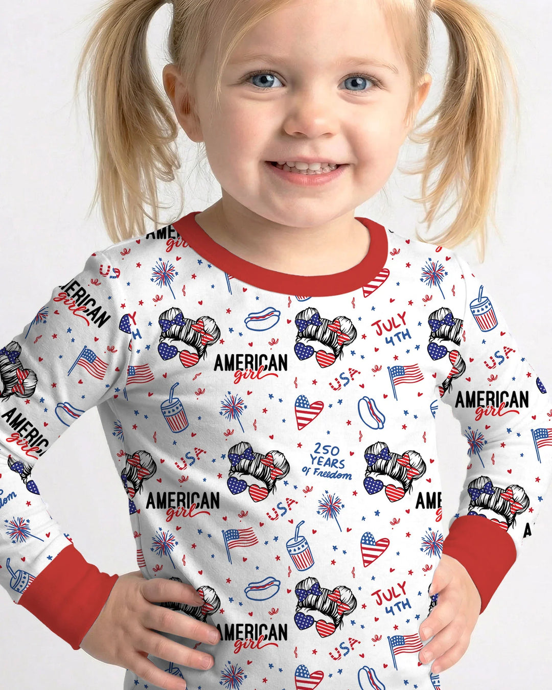 Doodle American Flag Glasses Family Matching Bamboo Two Piece Long Sleeve Pajama Set