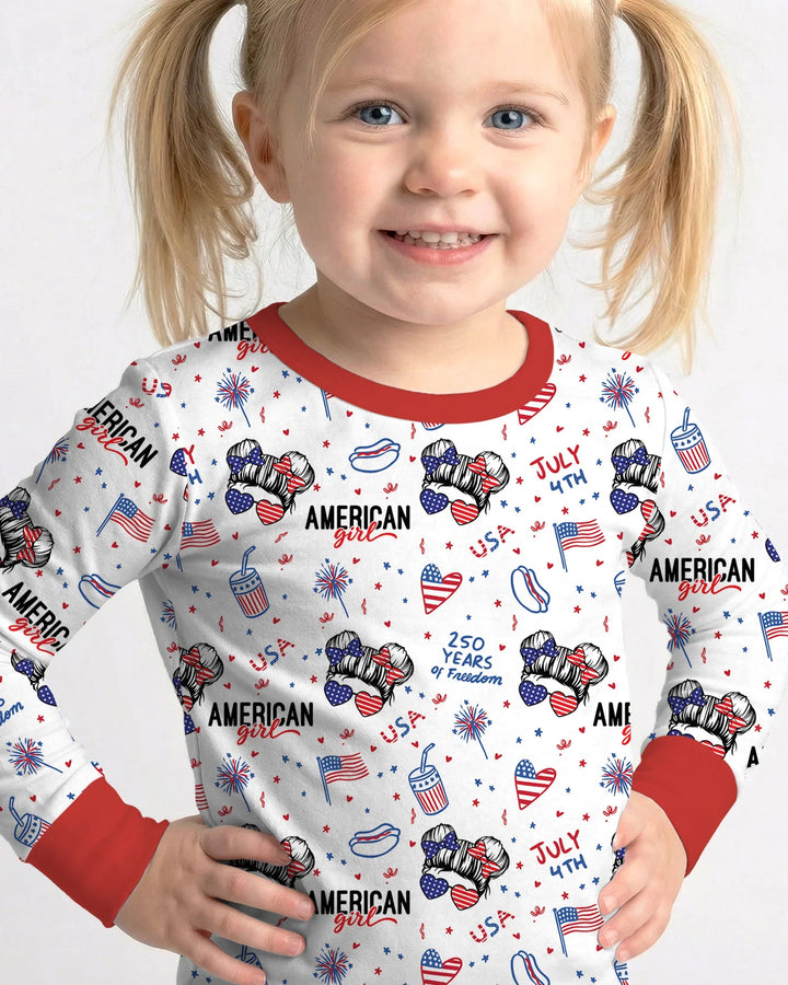 Doodle American Flag Glasses Family Matching Bamboo Two Piece Long Sleeve Pajama Set