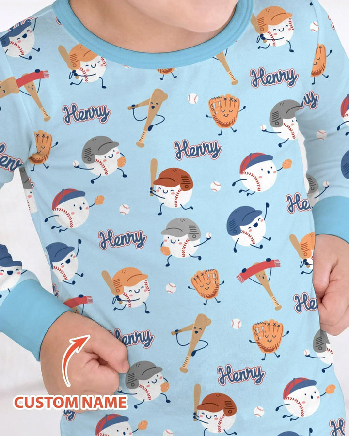 Custom Name Ballparl Family Matching Bamboo Two Piece Long Sleeve Pajama Set