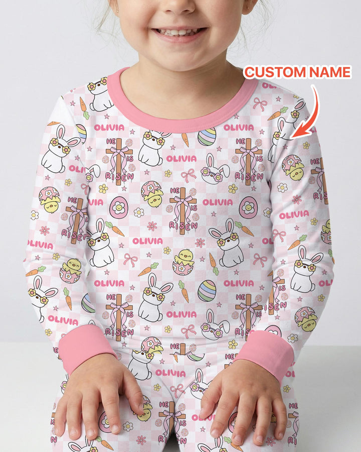 Custom Name Retro Easter Two Piece Long Sleeve Pajama Set
