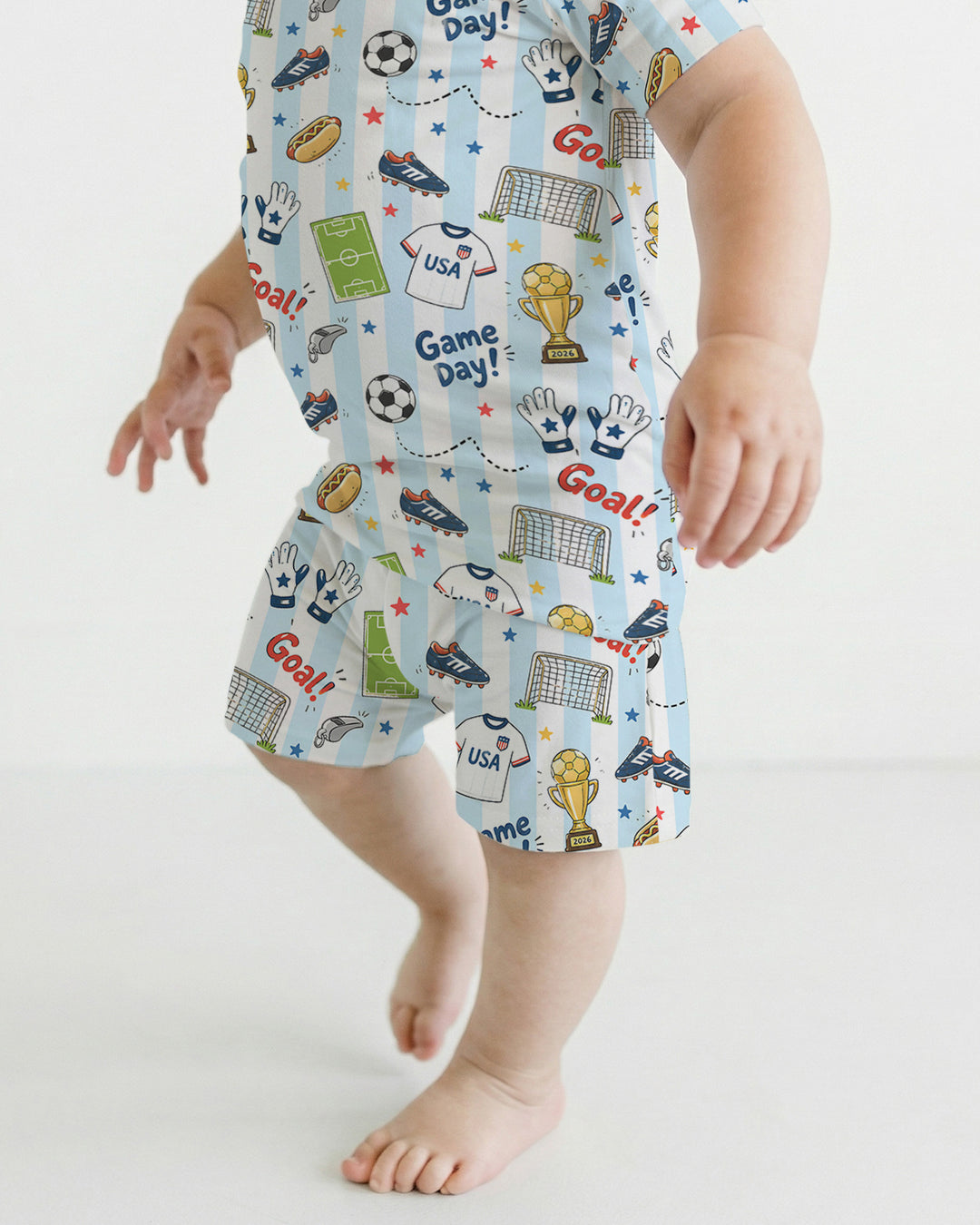 Striped Soccer Game Day Family Matching Bamboo Two Piece Short Sleeve Shorts Pajama Set