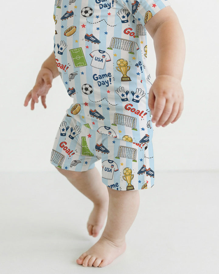 Striped Soccer Game Day Family Matching Bamboo Two Piece Short Sleeve Shorts Pajama Set