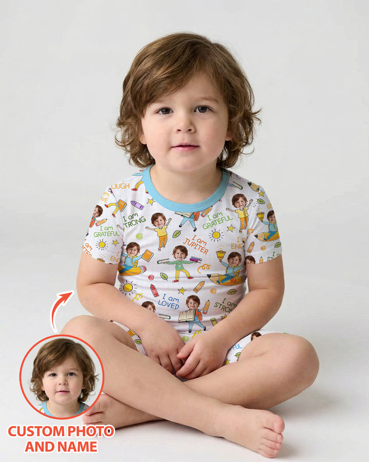 Custom Photo Kid Affirmations I Am Kind Bamboo Two Piece Short Sleeve Shorts Pajama Set