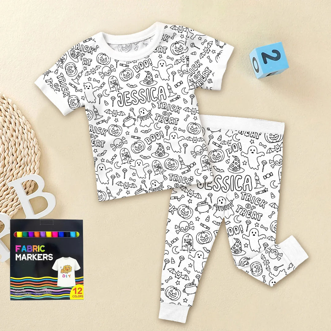 Custom Name Colorable Halloween Trick or Treat Two Piece Short Sleeve Pajama Set , Custom Name Colorable Halloween Trick or Treat Two Piece Short Sleeve Pajama Set - 3T
