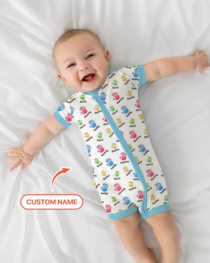 Primer Día de la Madre - Pijama de bambú con cremallera y estampado de huellas de manos
