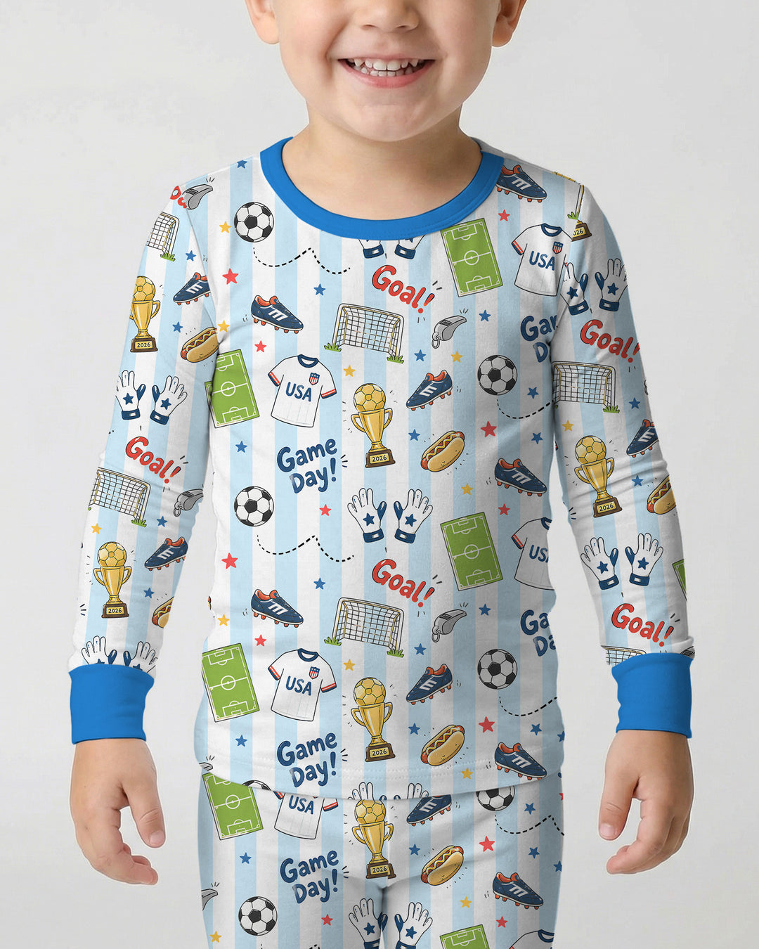 Striped Soccer Game Day Family Matching Bamboo Two Piece Long Sleeve Pajama Set