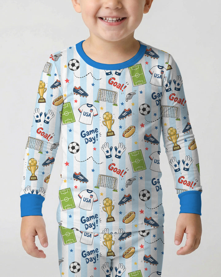 Striped Soccer Game Day Family Matching Bamboo Two Piece Long Sleeve Pajama Set