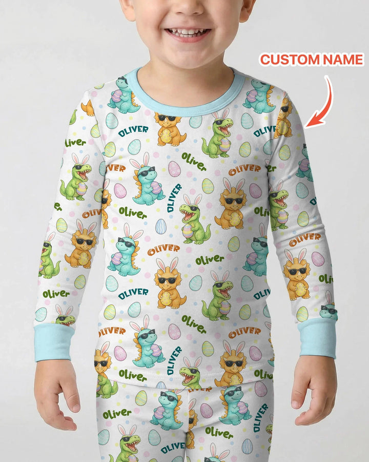 Custom Name Dinosaur on the Hunt Two Piece Long Sleeve Pajama Set