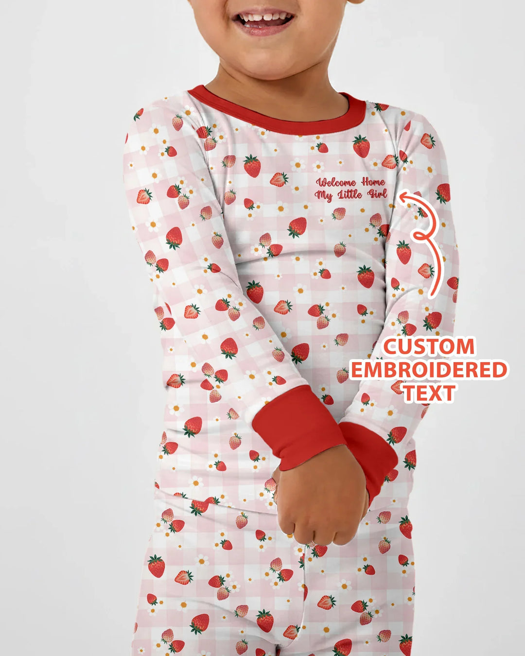 Conjunto de pijama de dos piezas de bambú con bordado de fresas y texto personalizado de manga larga