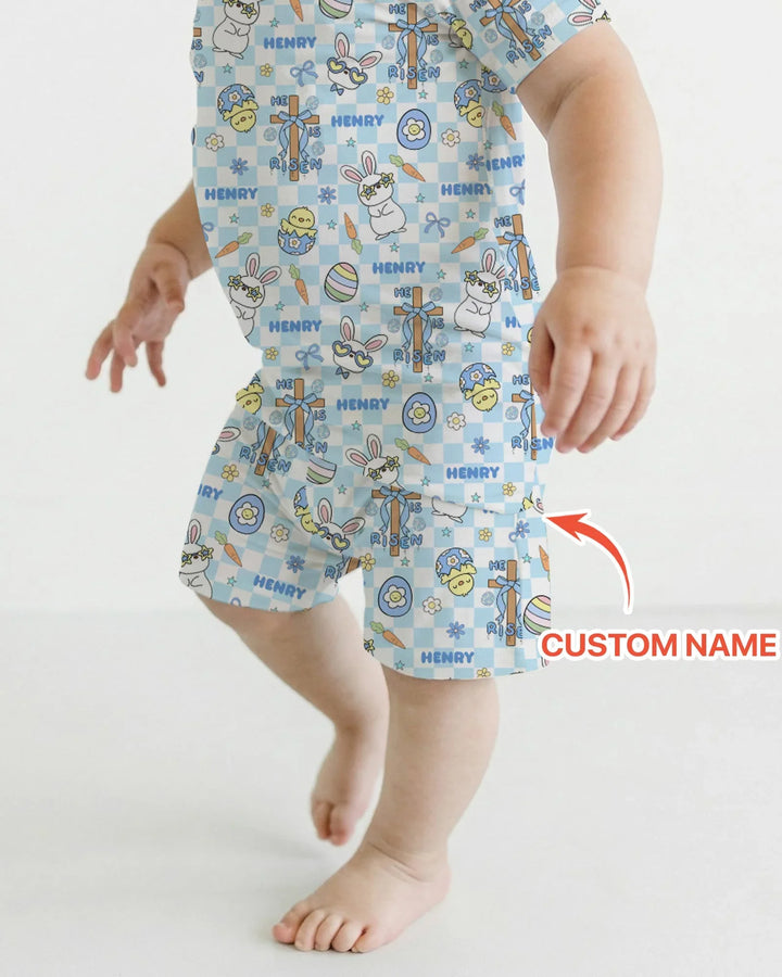 Custom Name Retro Easter Two Piece Short Sleeve Shorts Pajama Set