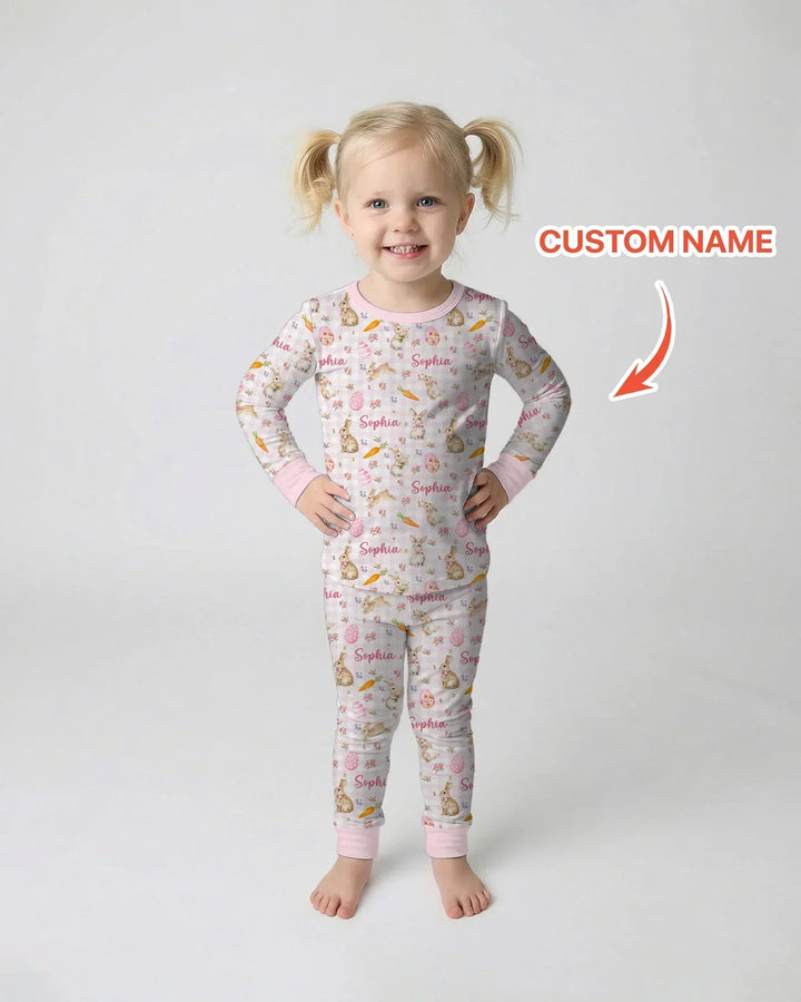 Custom Name Bunny Garden Two Piece Long Sleeve Pajama Set