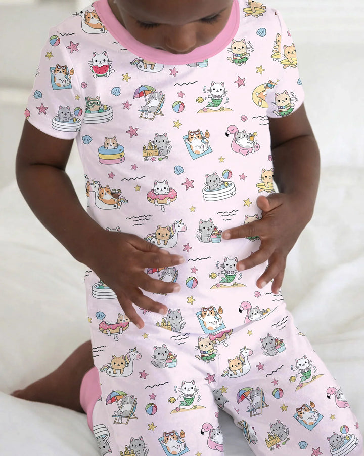 Kawaii Cats Summer Vacation Bamboo Two Piece Short Sleeve Pajama Set