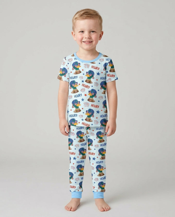 Custom Name Patriotic Mallard Duck Bamboo Two Piece Short Sleeve Pajama Set