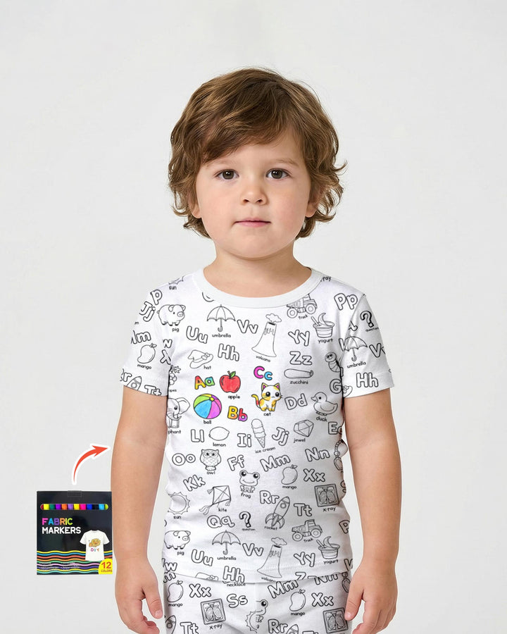 All Colorable Alphabet Two Piece Short Sleeve Shorts Pajama Set