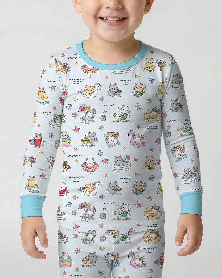 Kawaii Cats Summer Vacation Bamboo Two Piece Long Sleeve Pajama Set