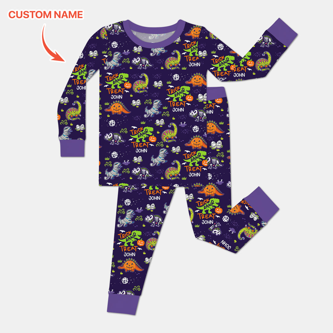 Trick Rawr Treat Custom Name Two Piece Long Sleeve Pajama Set