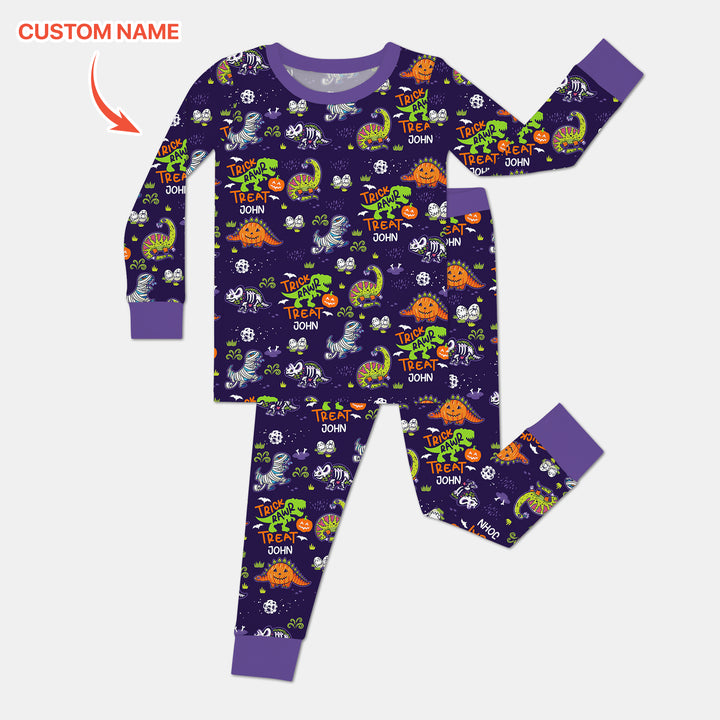 Trick Rawr Treat Custom Name Two Piece Long Sleeve Pajama Set
