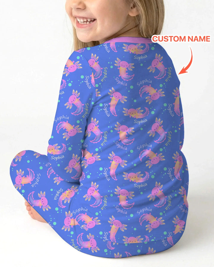 Pijama de dos piezas de manga larga de bambú con nombre personalizado y diseño de ajolote que brilla en la oscuridad