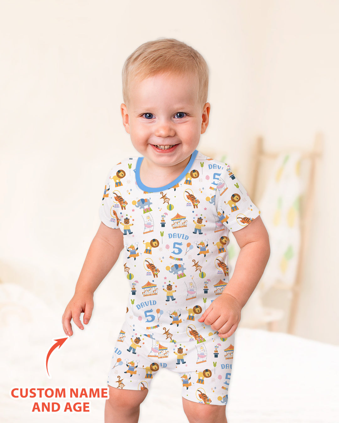 Custom Name Birthday Circus Bamboo Two Piece Short Sleeve Shorts Pajama Set