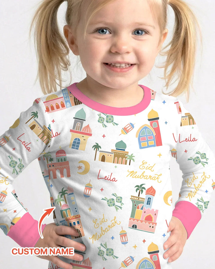 Eid Mubarak Custom Name Two Piece Long Sleeve Pajama Set