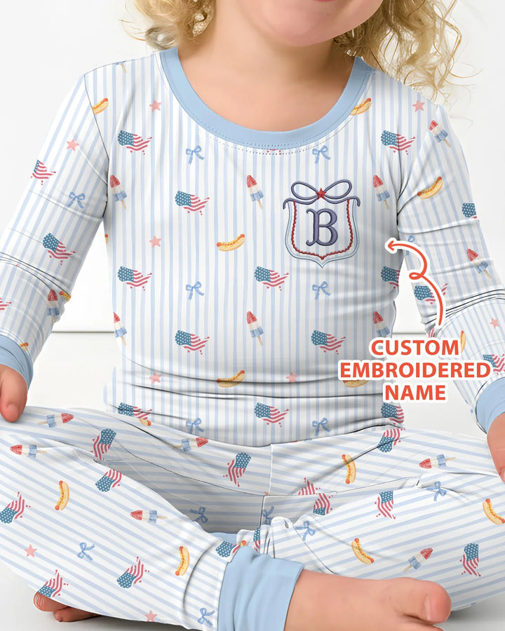 Personalized 4th Of July Embroidered Bamboo Two Piece Long Sleeve Pajama Set