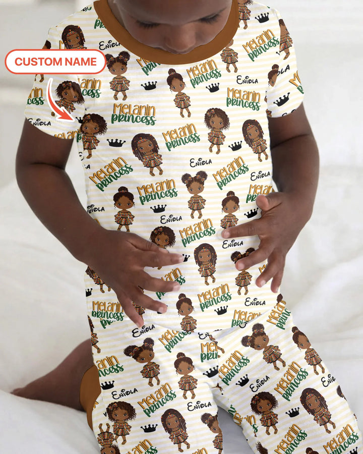 Custom Name Melanin Princess Bamboo Two Piece Short Sleeve Pajama Set