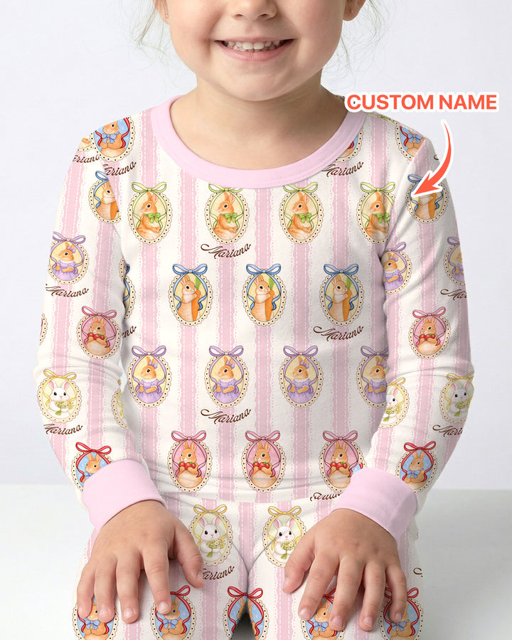 Custom Name Vintage Easter Bunny Two Piece Long Sleeve Pajama Set