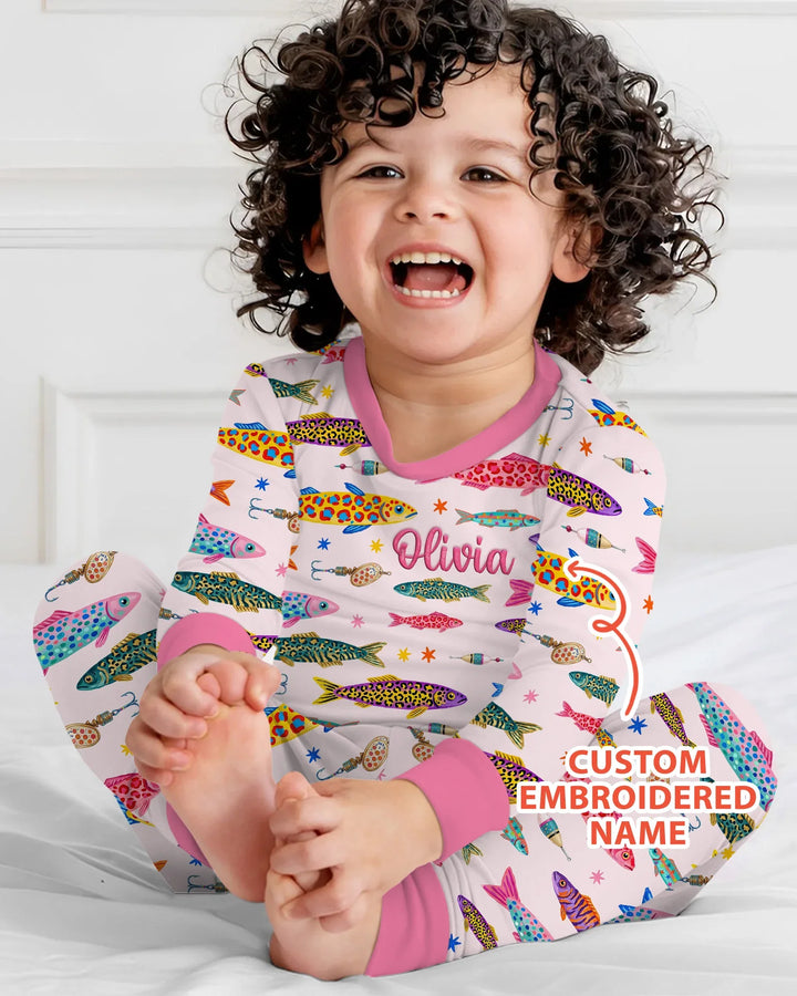 Pijama de dos piezas de bambú de manga larga con bordado de nombre personalizado de peces de colores