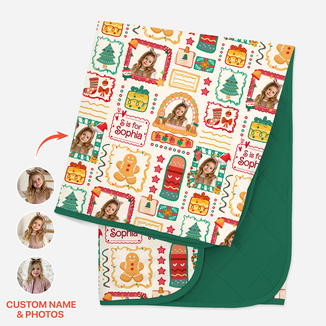 Custom Photo Christmas Frame Custom Name Quilt Blanket