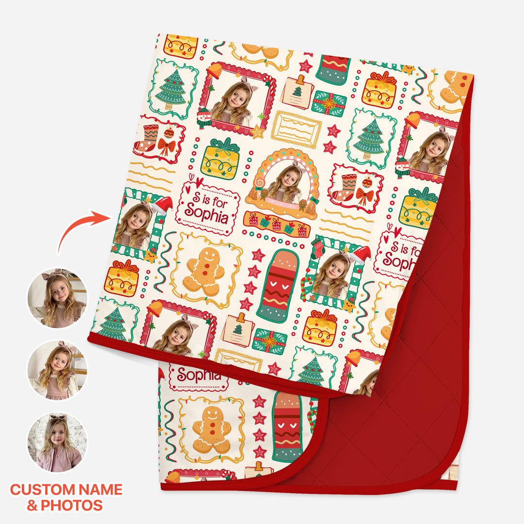 Custom Photo Christmas Frame Custom Name Quilt Blanket