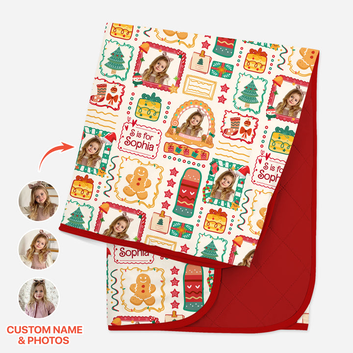 Custom Photo Christmas Frame Custom Name Quilt Blanket