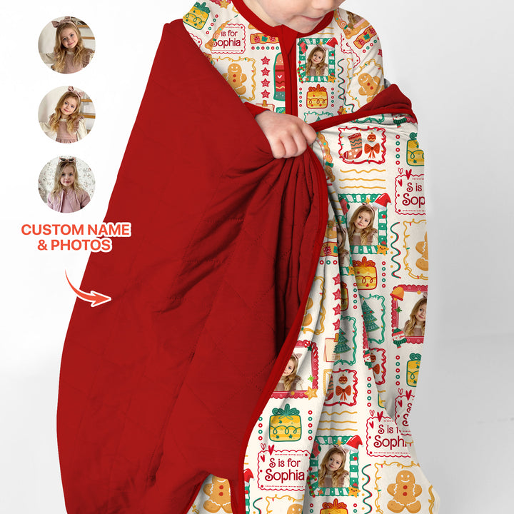 Custom Photo Christmas Frame Custom Name Quilt Blanket