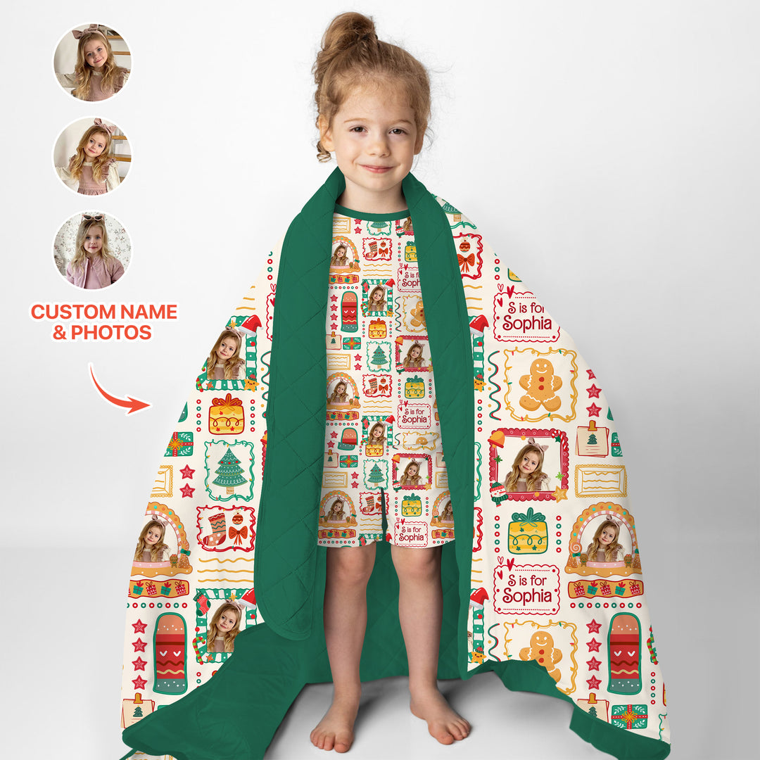Custom Photo Christmas Frame Custom Name Quilt Blanket