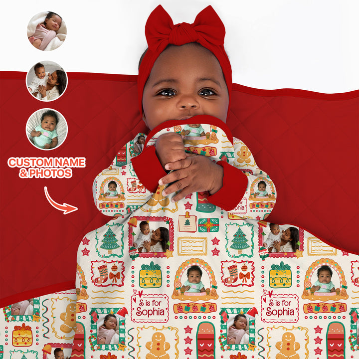 Custom Photo Christmas Frame Custom Name Quilt Blanket