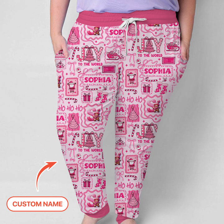 Custom Name Preppy Pink Christmas Women Pajama Set