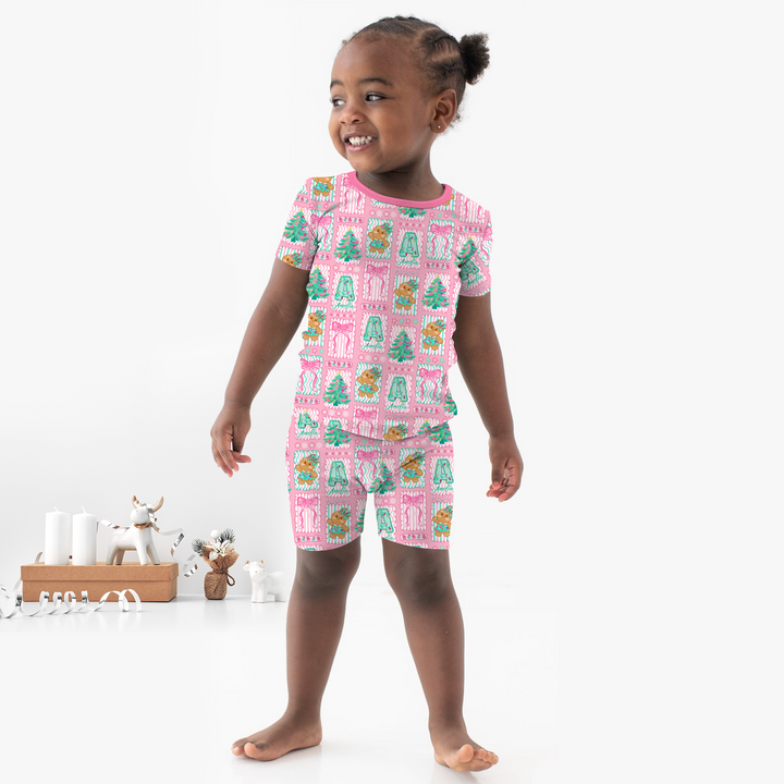 Custom Name "Merry Pink Christmas" Two Piece Short Sleeve Shorts Pajama Set