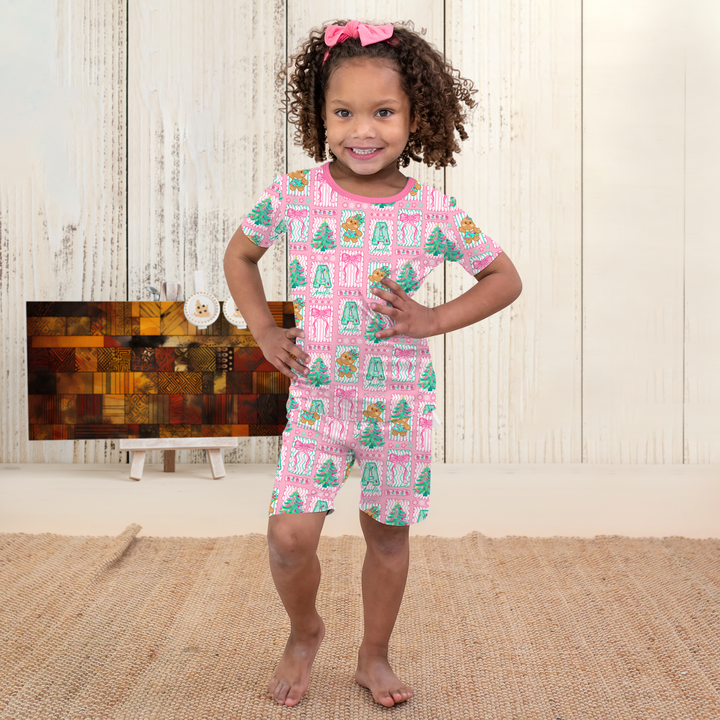 Custom Name "Merry Pink Christmas" Two Piece Short Sleeve Shorts Pajama Set
