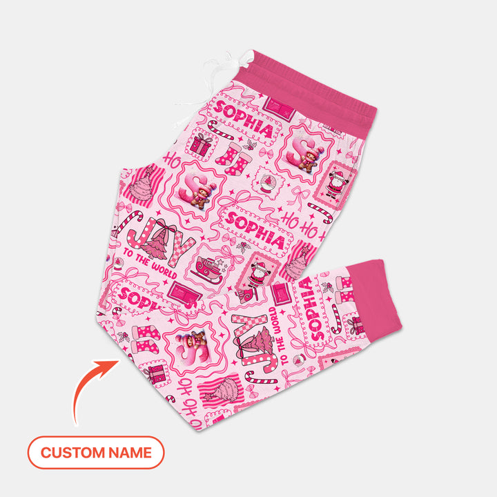 Custom Name Preppy Pink Christmas Women Pajama Set