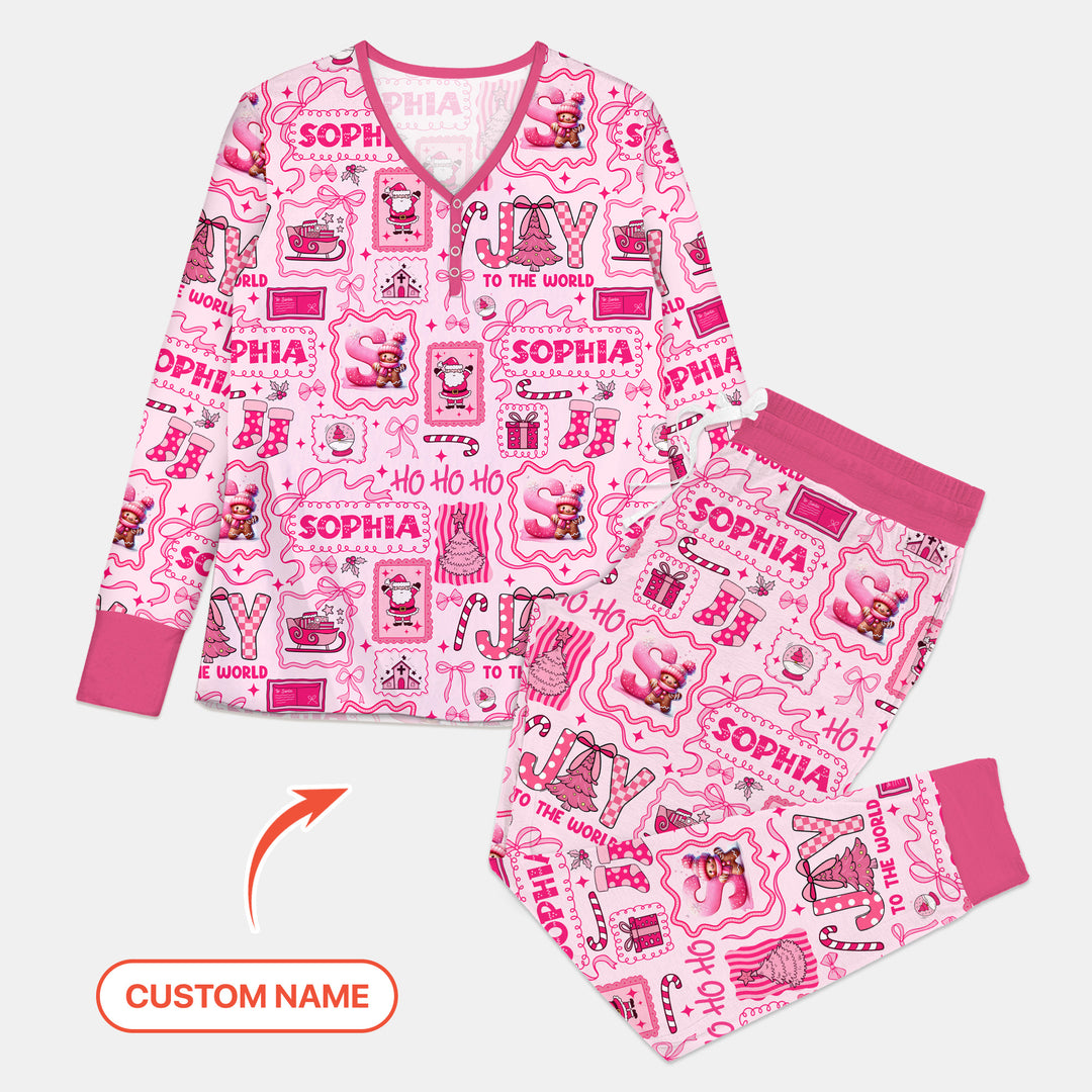 Custom Name Preppy Pink Christmas Women Pajama Set