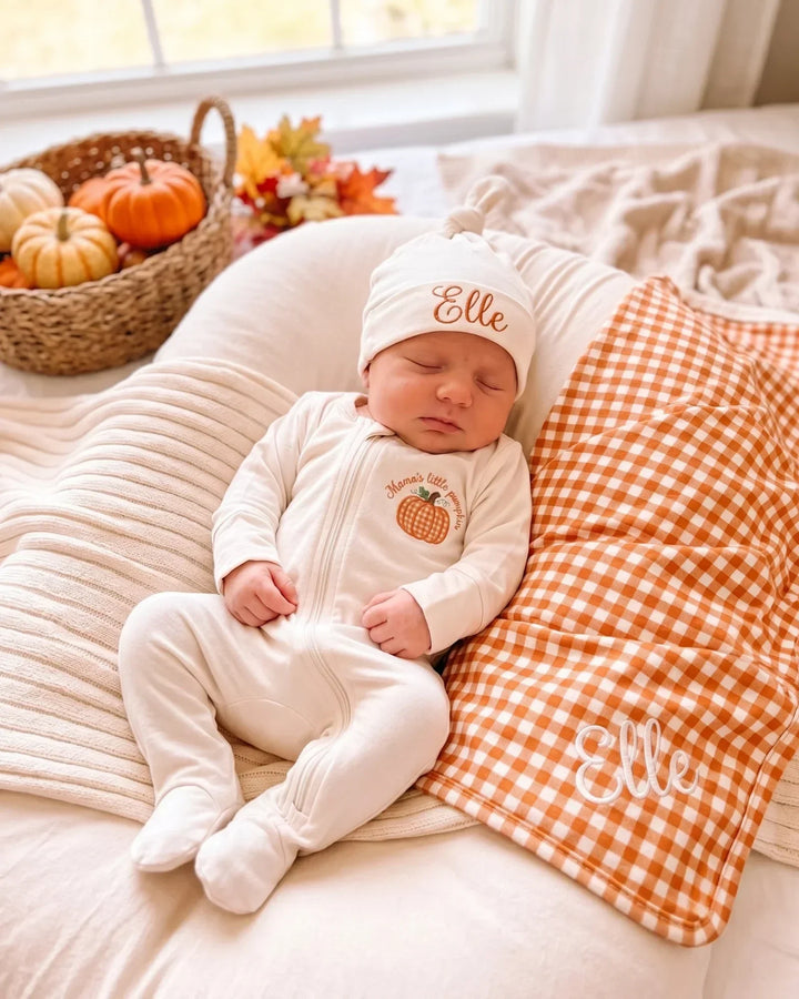 Personalized Pumpkin Gingham Appliqué Embroidered Bamboo Blanket