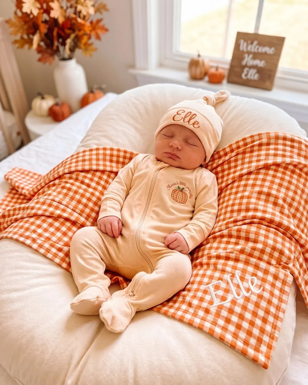 Personalized Pumpkin Gingham Appliqué Embroidered Bamboo Blanket