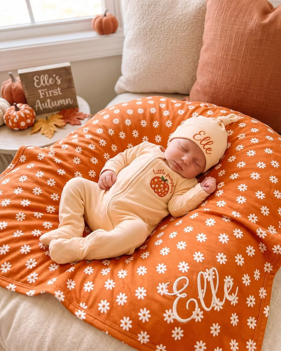 Personalized Daisy Pumpkin Appliqué Embroidered Bamboo Blanket