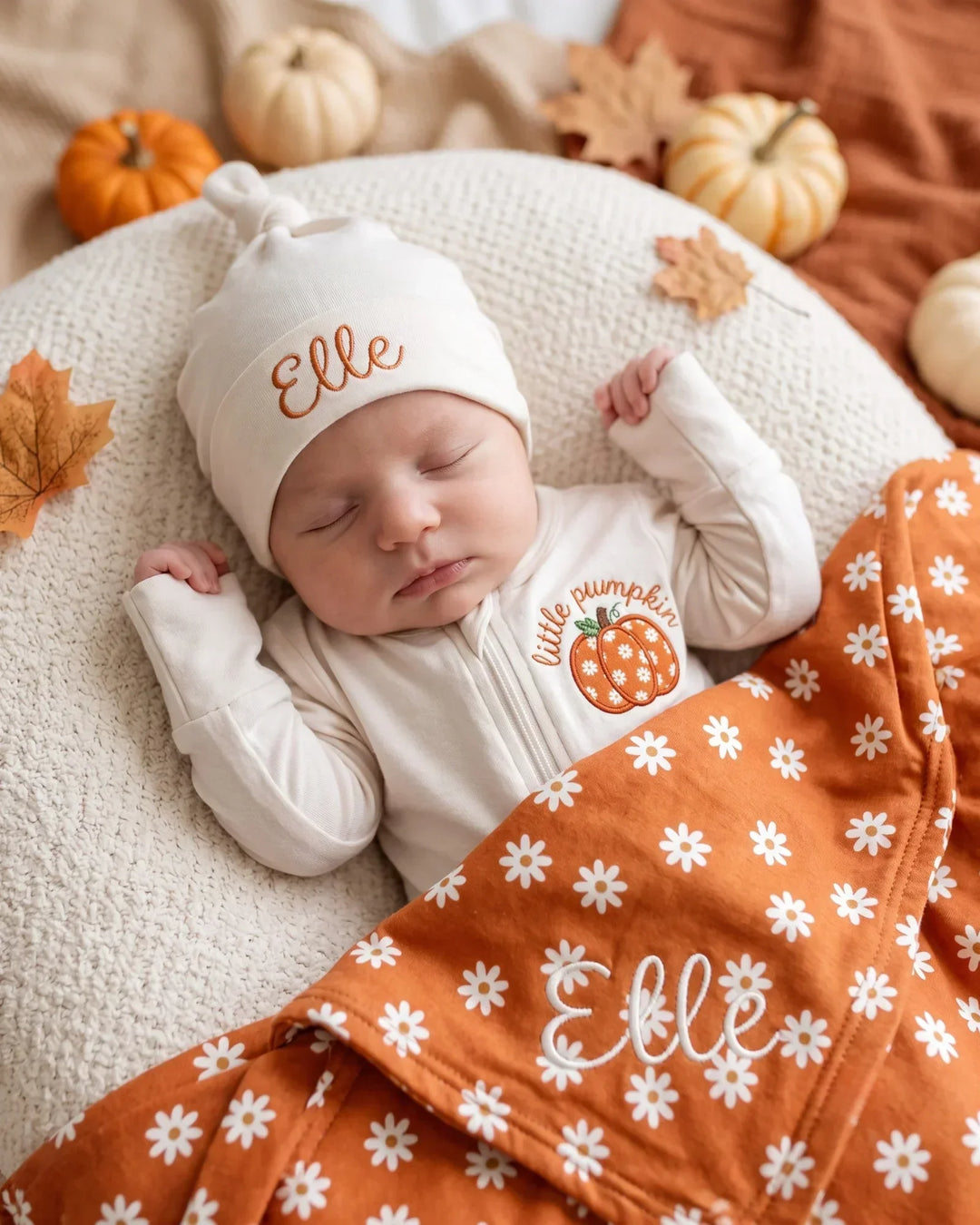 Personalized Daisy Pumpkin Appliqué Embroidered Bamboo Blanket