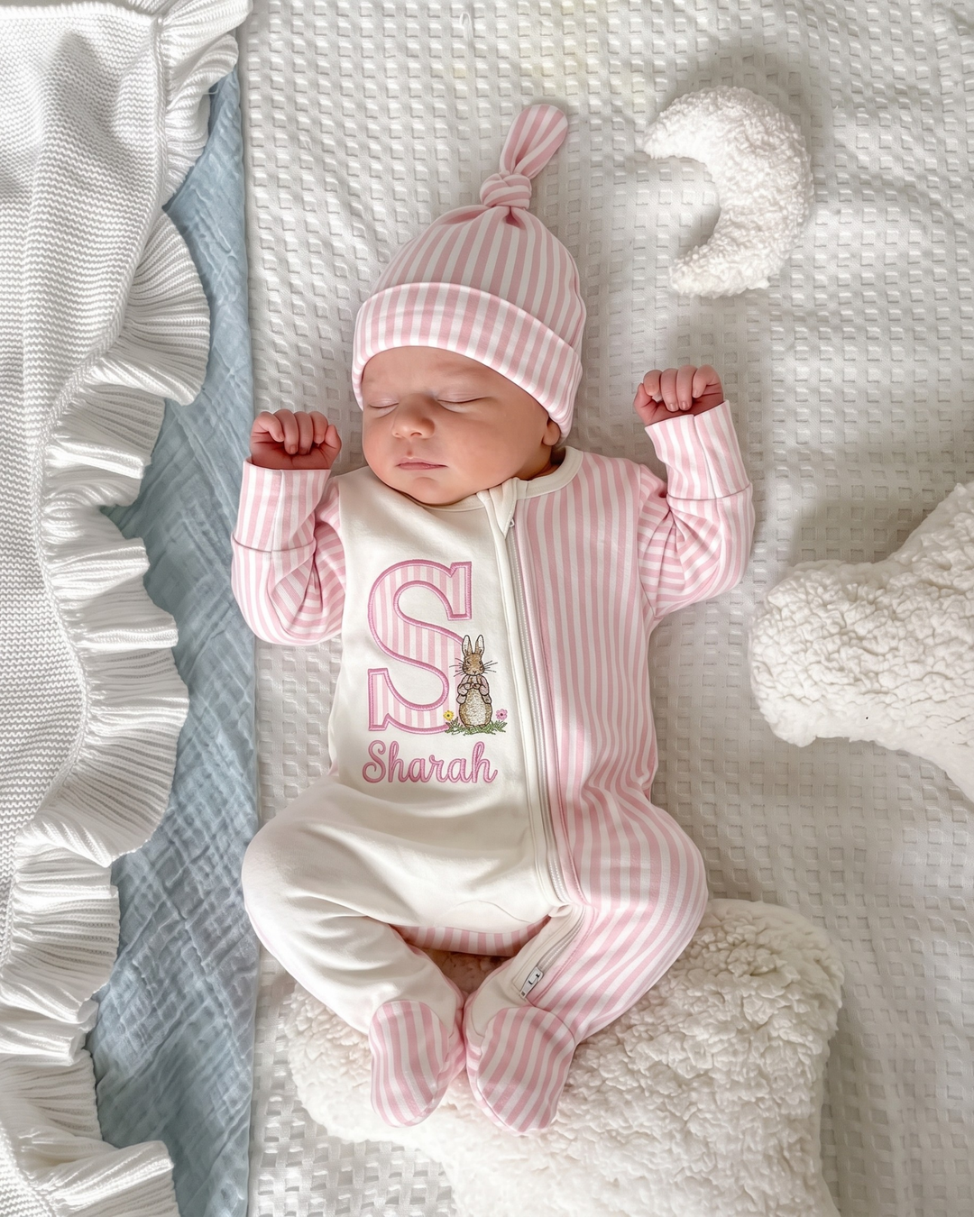 Custom Initial Sweet Bunny Embroidered Bamboo Zipper Footie