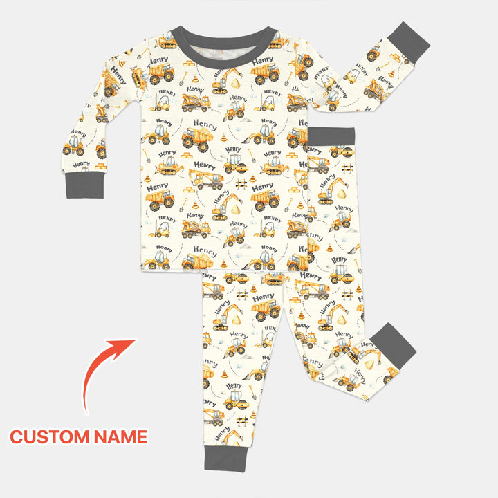 Constructions Machines Custom Name Two Piece Long Sleeve Pajama Set
