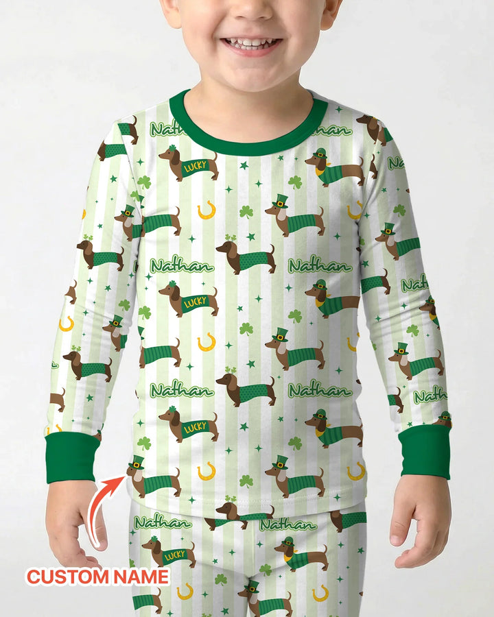 Lucky Dachshunds St. Patrick's Day Family Matching Two Piece Long Sleeve Pajama Set