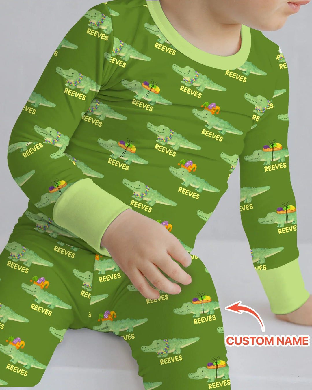 Custom Name Mardi Gras Gator Two Piece Long Sleeve Pajama Set