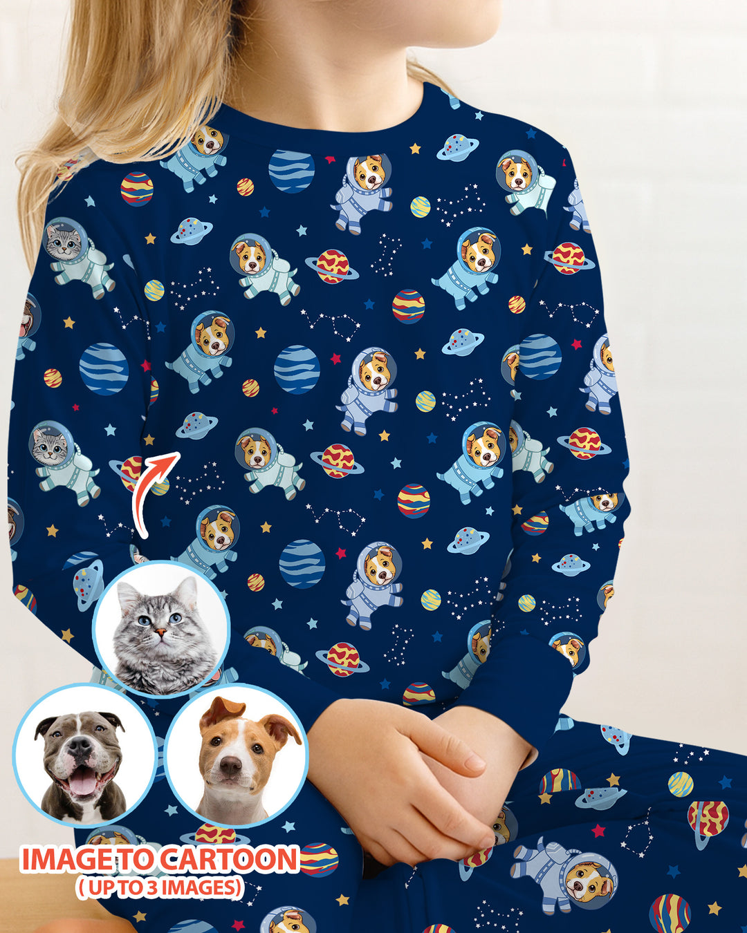 Astronaut Custom Pet Image Family Matching Bamboo Two Piece Long Sleeve Pajama Set